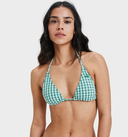 Roxy Kiawe Tiki Tri w High Leg Pant Bikini in deep grass green check showing top from front