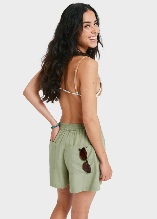Roxy Lekeitio Bay II Womens Walkshorts in oil green on model in bikini top from rear