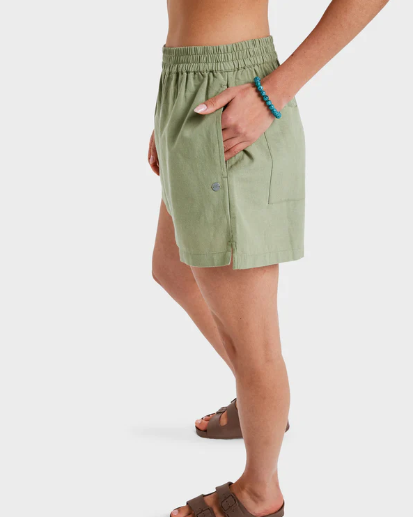 Roxy Lekeitio Bay II Womens Walkshorts in oil green on model in bikini top from side