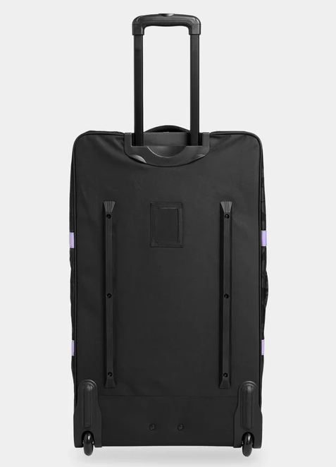 Roxy Long Haul 105 Litre Travel Bag in black with floral embossing and purple trim from the back showing the base of the suitcase