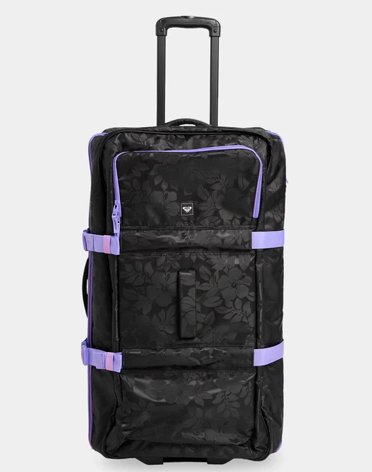 Roxy Long Haul 105 Litre Travel Bag in black with floral embossing and purple trim from the front