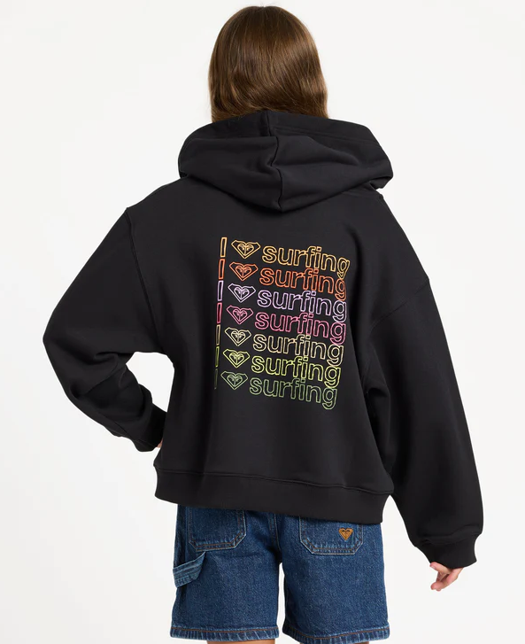 Roxy Midnight Hike Brushed Zip Up Girls Hoodie in anthracite colourway on model in blue denim shorts showing back printing