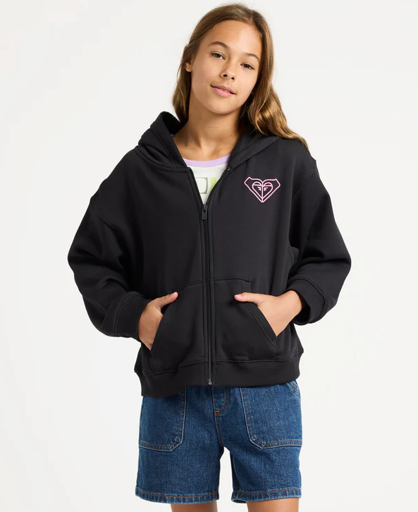 Roxy Midnight Hike Brushed Zip Up Girls Hoodie in anthracite colourway on model in blue denim shorts from front up close