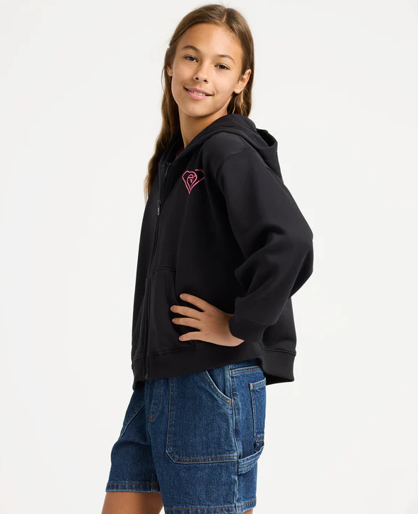 Roxy Midnight Hike Brushed Zip Up Girls Hoodie in anthracite colourway on model in blue denim shorts from side