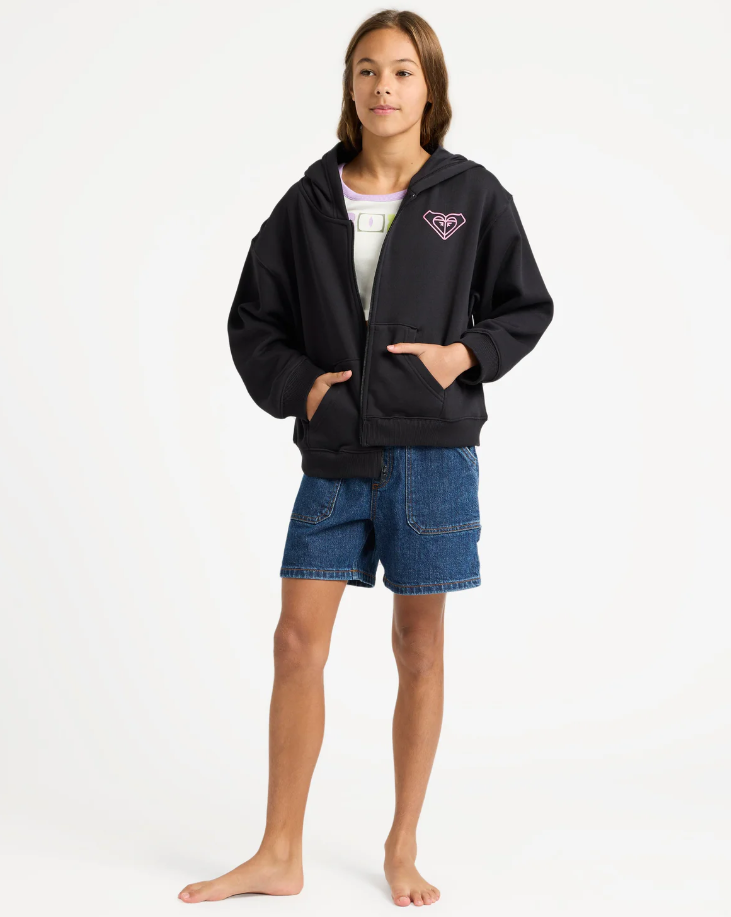 Roxy Midnight Hike Brushed Zip Up Girls Hoodie in anthracite colourway on model in blue denim shorts from front