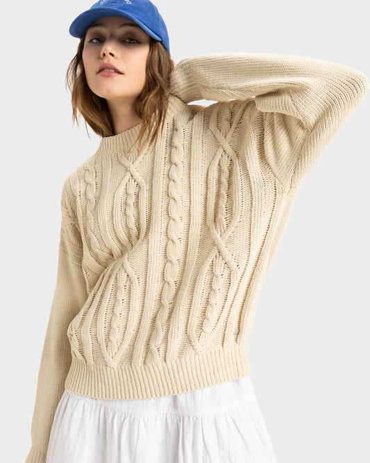 Roxy Missing The waves Knit Sweater in colour parchment front veiw on model