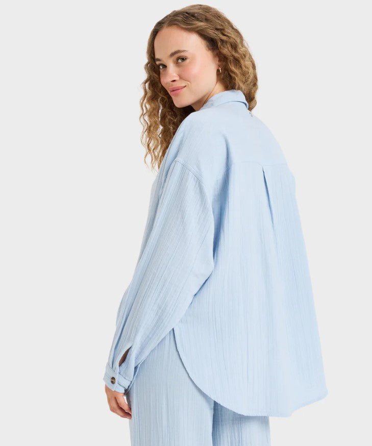Roxy Morning Time Womens Long Sleeve Shirt  in kentucky blue on model from rear