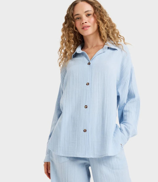 Roxy Morning Time Womens Long Sleeve Shirt  in kentucky blue on model from front