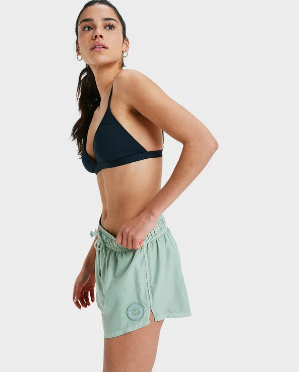 Roxy No Bad Waves Womens 2" Boardshorts in laurel green on model in black bikini top from side
