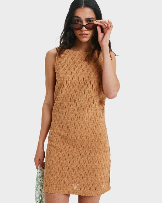 Roxy Ocean Sounds Mini Dress in almond colourway from front