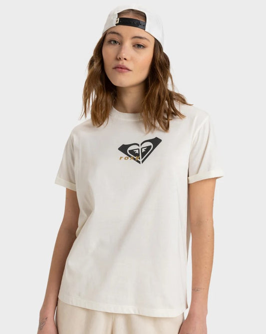 Roxy Oceanregular Basic Tee in egret With Black Roxy Logo and Gold Roxy Print 