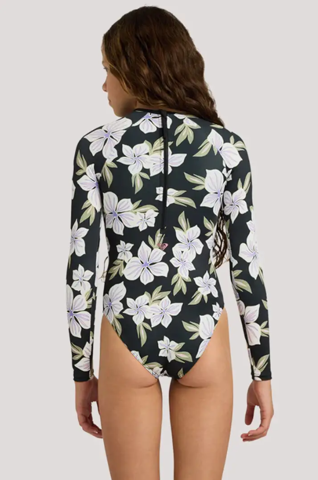 Roxy Of The Pacific Teen Girls Onepiece in anthracite with floral print colourway on model from rear