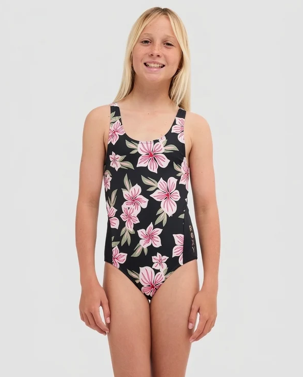 Roxy Of The Pacific Youth Onepiece Swimwear in anthracite pacific colourway from front close up