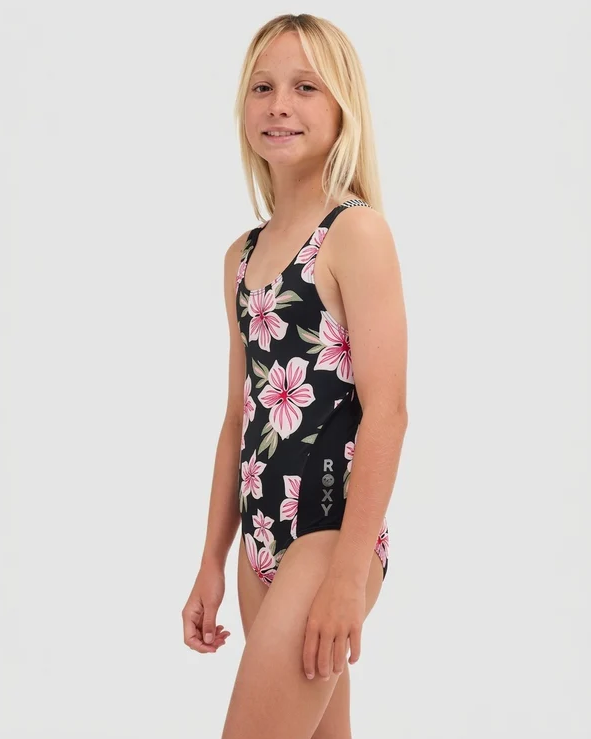 Roxy Of The Pacific Youth Onepiece Swimwear in anthracite pacific colourway from side 