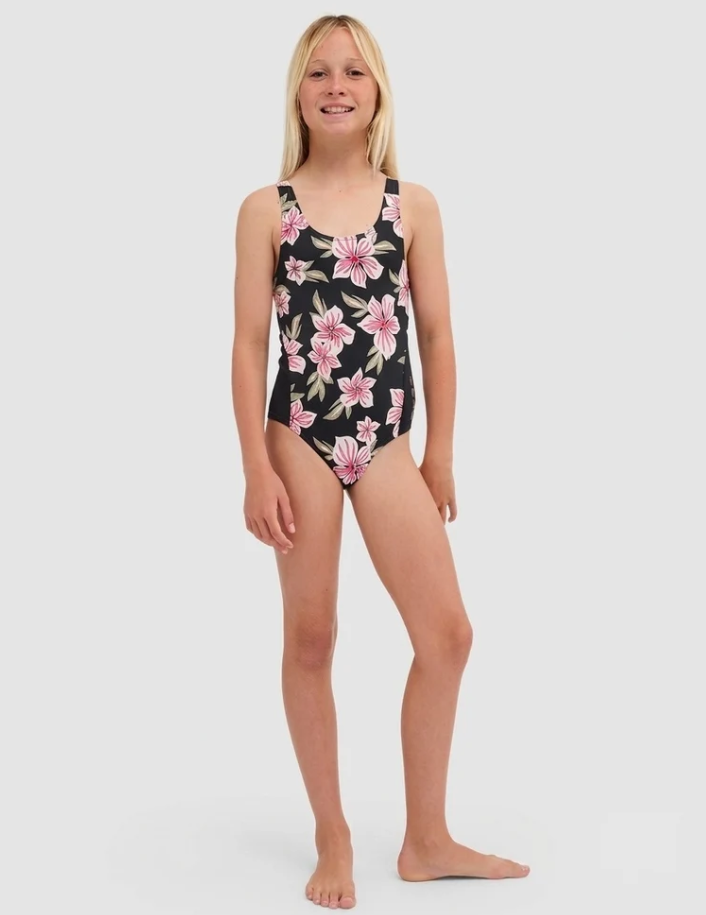 Roxy Of The Pacific Youth Onepiece Swimwear in anthracite pacific colourway on girl model from front