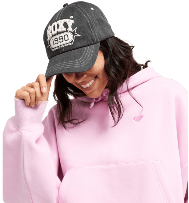 Roxy Over My Head Cap
 in black on model in pink hoodie