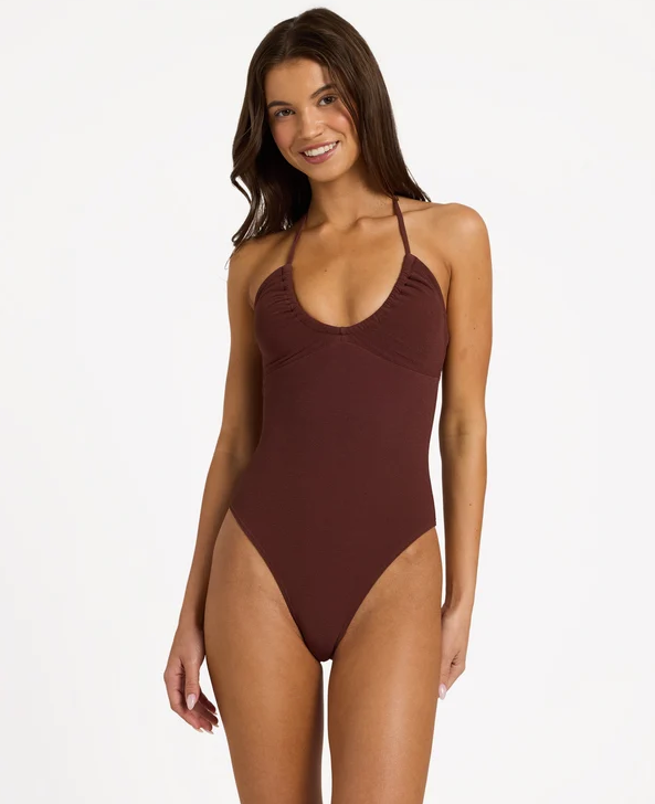 Roxy Palm Shadows Onepiece Bandeau Swimwear in java colourway on model from front close up