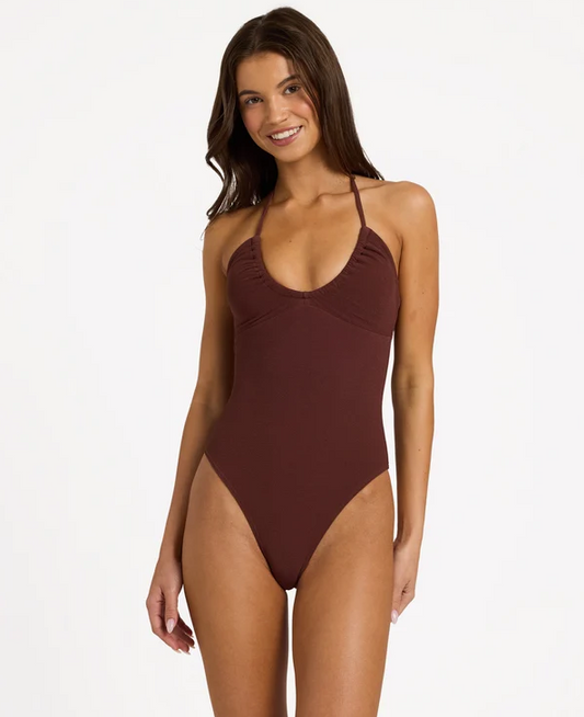Roxy Palm Shadows Onepiece Bandeau Swimwear in java colourway on model from front close up