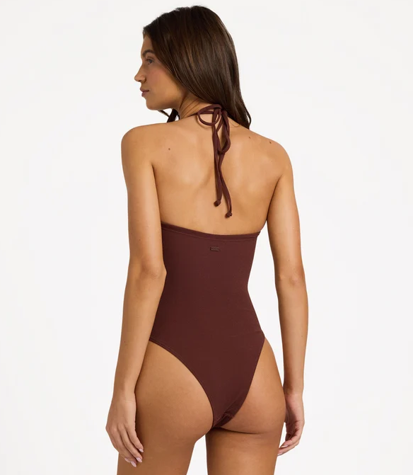 Roxy Palm Shadows Onepiece Bandeau Swimwear in java colourway on model from rear