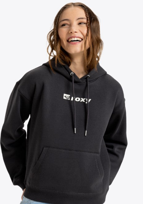 Roxy Perfect Place Brushed Hoodie in colour phantom on model front veiw