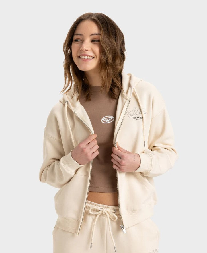 Roxy Perfect Place Zip Brushed Hoodie in colour parchment on model 