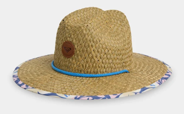 Roxy Pina To My Colada Girls Straw Hat in natural colourway with marine blue trim from front close up