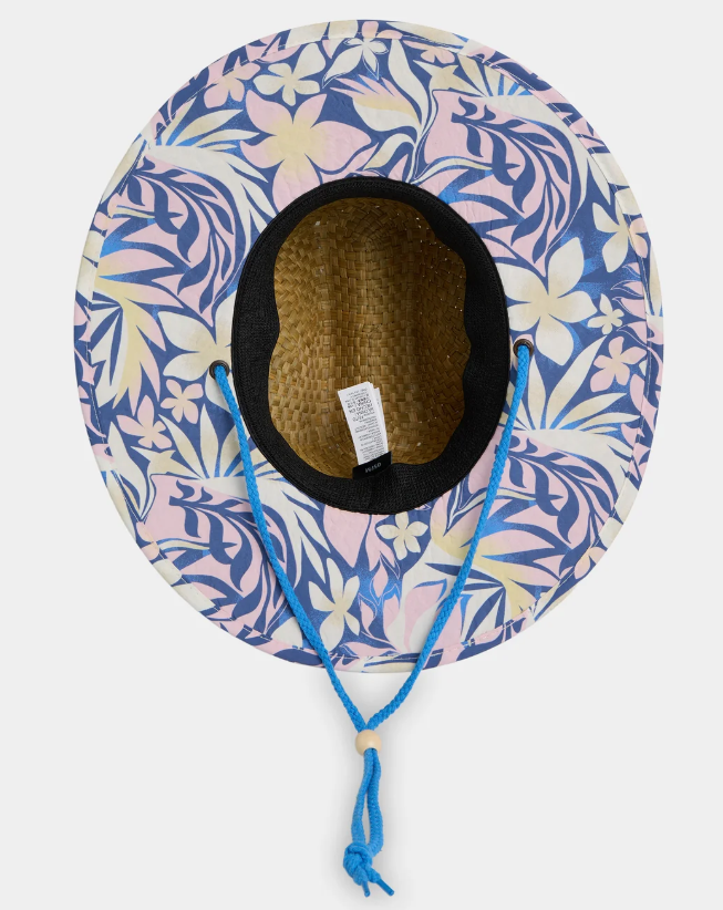 Roxy Pina To My Colada Girls Straw Hat in natural colourway with marine blue trim form underneath showing floral yardage