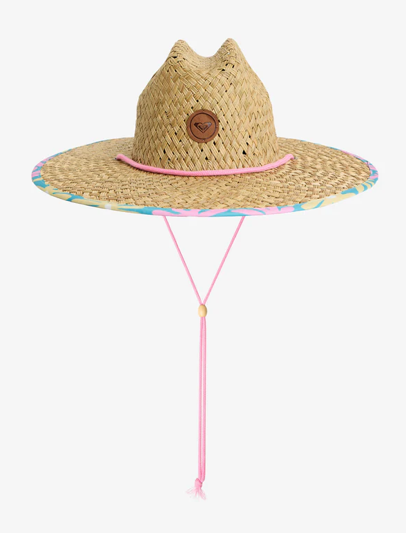 Straw hat with pink band and tassel on a white background