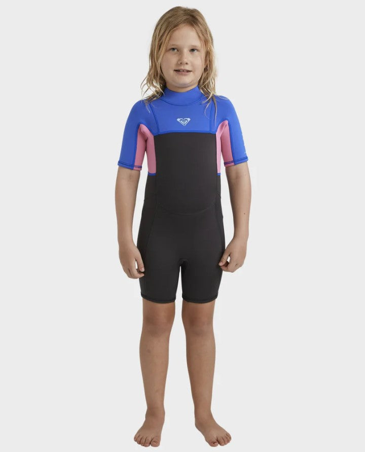 Roxy Toddler Girls 2mm Prologue Spring Wetsuit in cobalt, black and pink on youth model from front