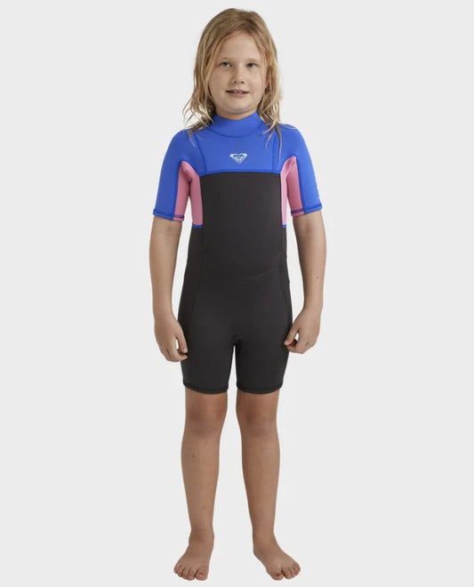 Roxy Toddler Girls 2mm Prologue Spring Wetsuit in cobalt, black and pink on youth model from front