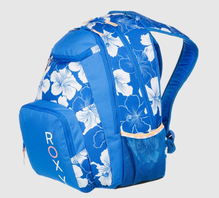 Roxy Shadow Swell Printed Backpack in nebulas blue hippy hibiscus from side
