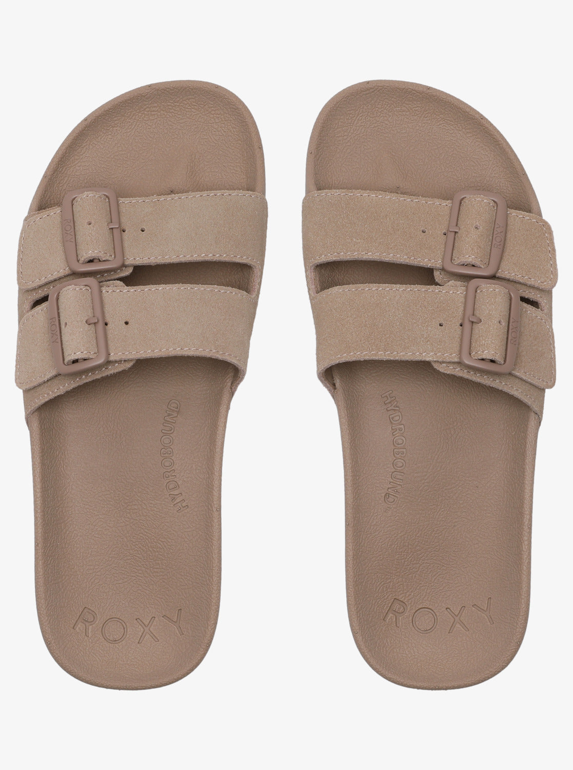 Pair of Roxy Slippy Nina Slides in taupe side by side