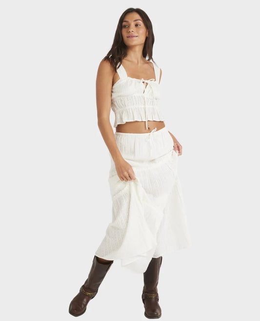 Roxy Sol Sweetwater Maxi Skirt in white from front on model wearing a white fashion top