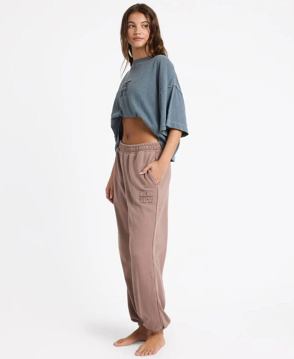 Roxy Steppin Up Trackie Pants in mocha colourway on model in blue Roxy tee from side