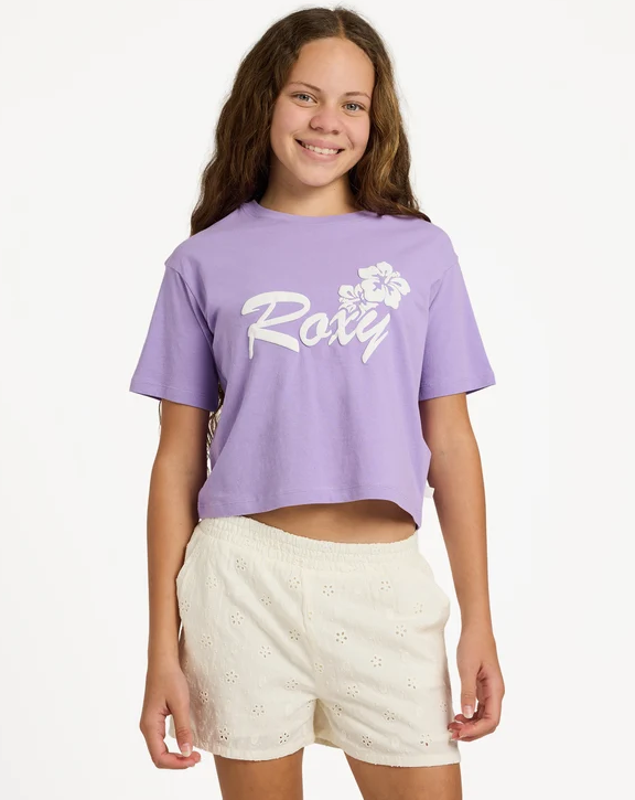 Roxy Summer Wave Girls Tee in viola colourway with white puff print on a model from the front