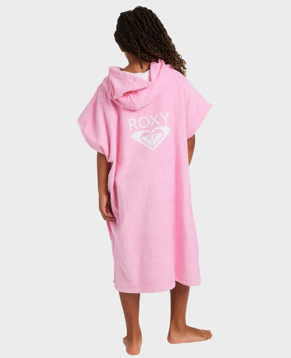 Roxy Sunny Joy Youth Girl Hooded Towel in bonbon on youth model from  rear