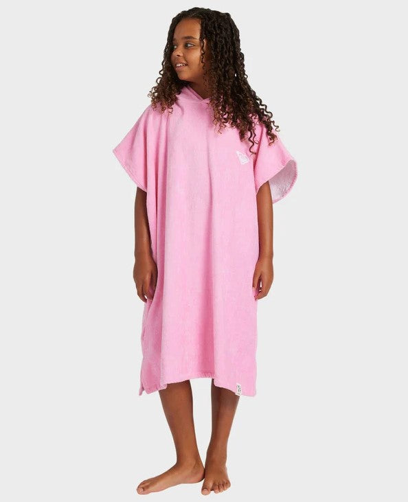 Roxy Sunny Joy Youth Girl Hooded Towel in bonbon on youth model from front