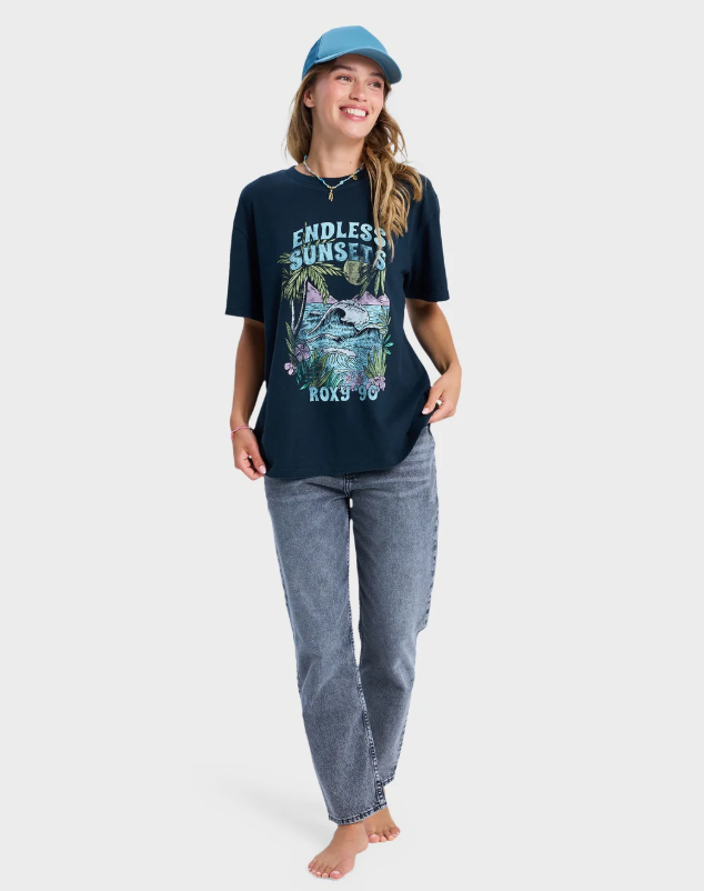 Roxy Sunny Oversize Stone Wash Womens Tee in anthracite on model in jeans from front