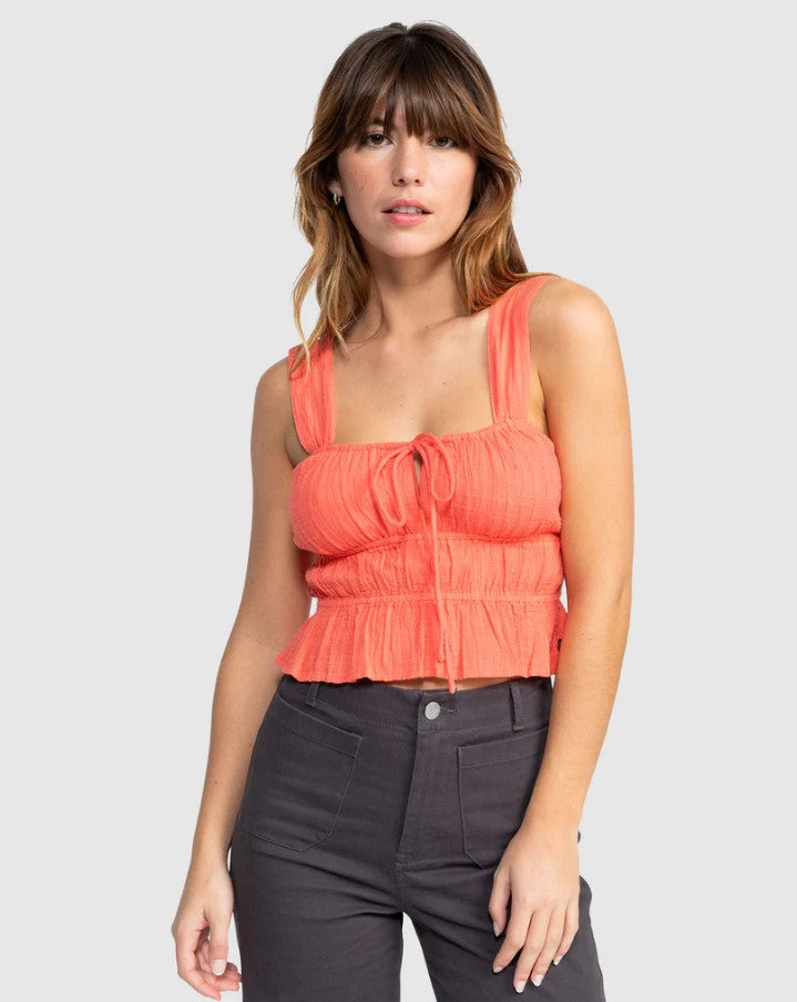 Roxy Sunset Mist Crop Top in colour dubarry on model