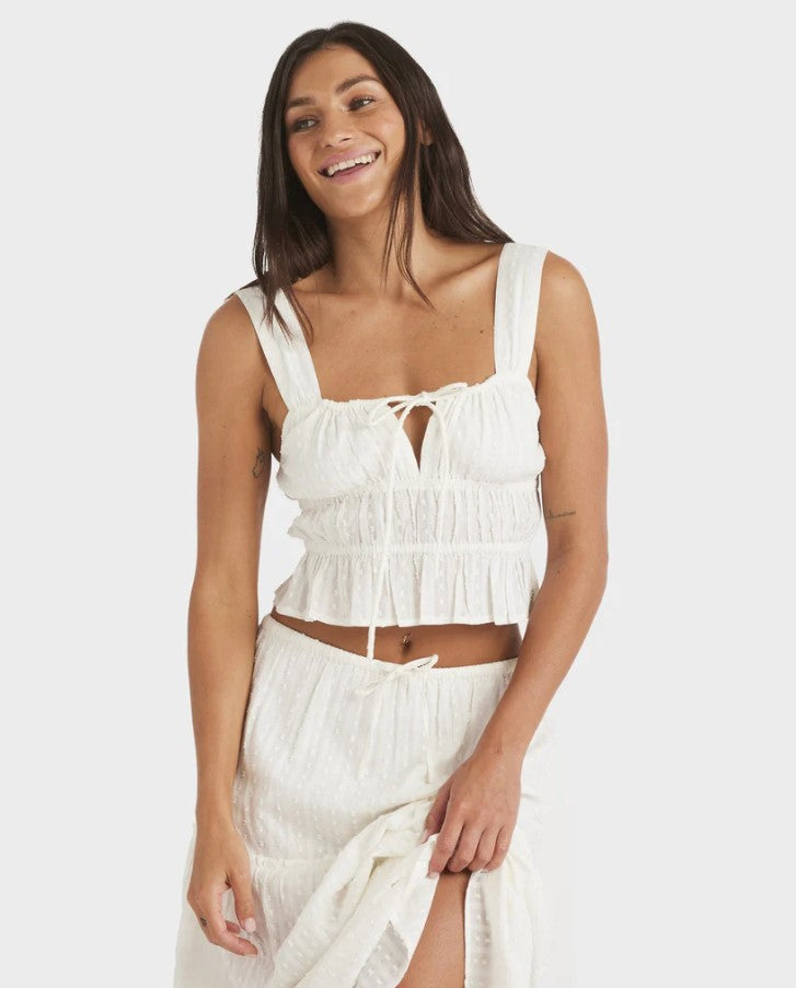 Roxy Sunset Mist Womens Fashion Top in egret white on woman in white skirt from close