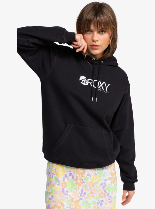 Roxy Surf Stoked Brushed Hoodie in anthracite colourway on model