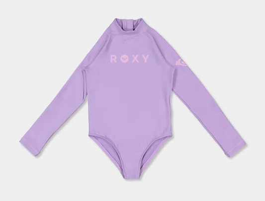 Roxy Toddler Heater Longsleeve Swim Onesie in viola colourway from front
