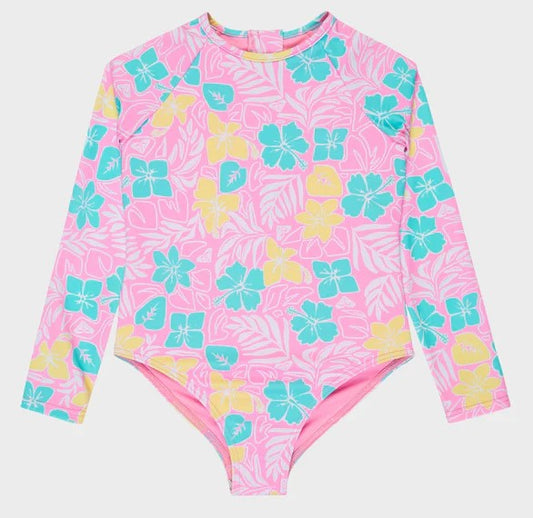 Roxy Square Small Girls Onesie Surfsuit  in pink floral yardage from front