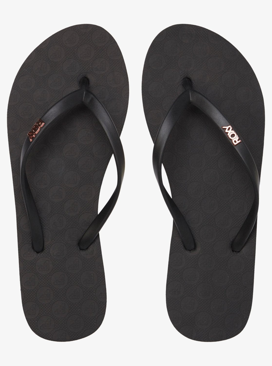 Roxy Viva IV Jandals showing pair from top in black with rose gold metal logo