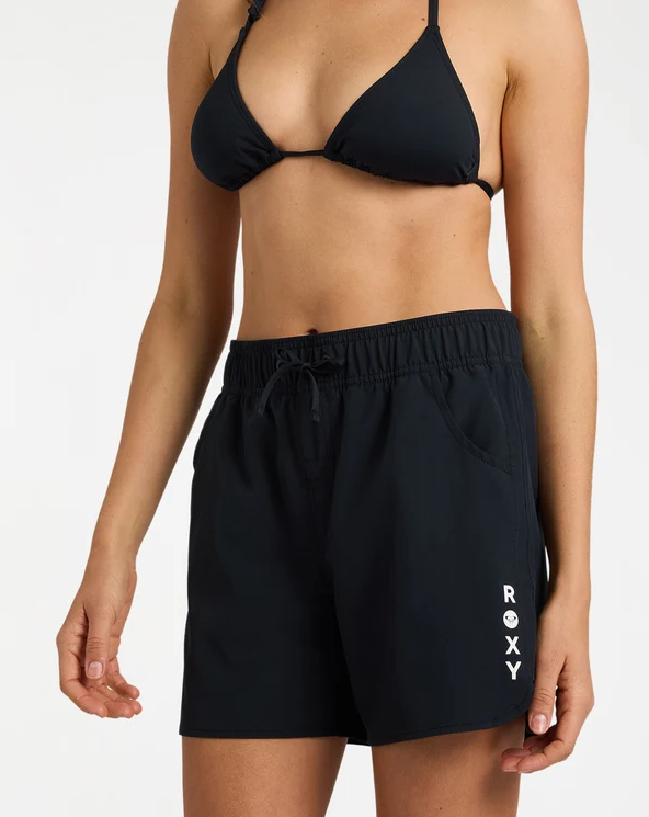 Roxy Wave 5" Women's Boardshorts in anthracite colourway from front close up on model in black bikini top