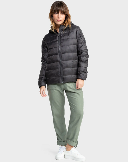 Roxy Wind Bliss Hooded Puffer Jacket in phantom colourway on model in green trousers from front
