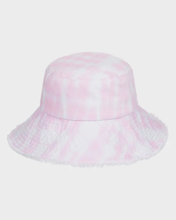 Pink tie-dye bucket hat on a light gray background