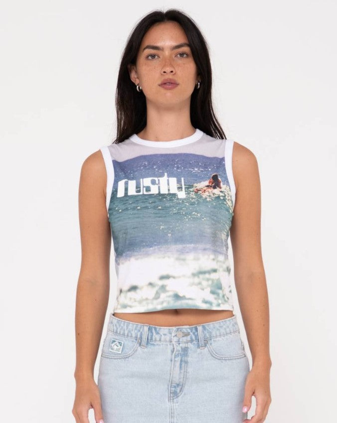 Rusty All Ova Graphic Slim Fit Skimmer Tank in ash blue