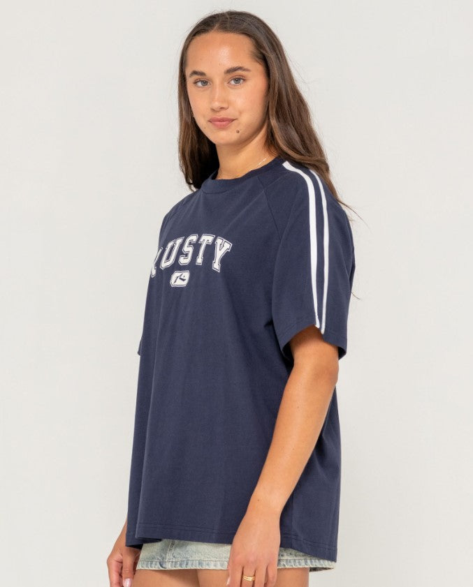 Rusty All Saint Collegiate OG Oversize Womens T-Shirt in navy on woman from side