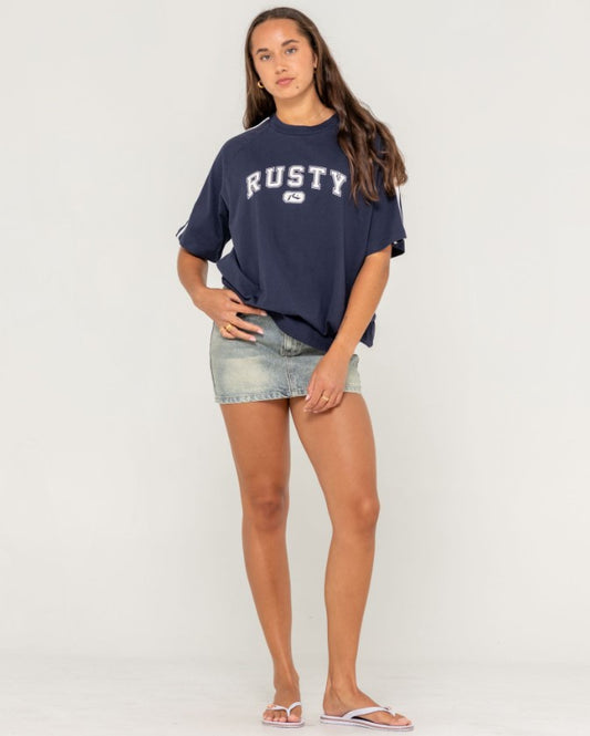 Rusty All Saint Collegiate OG Oversize Womens T-Shirt in navy on woman in denim skirt